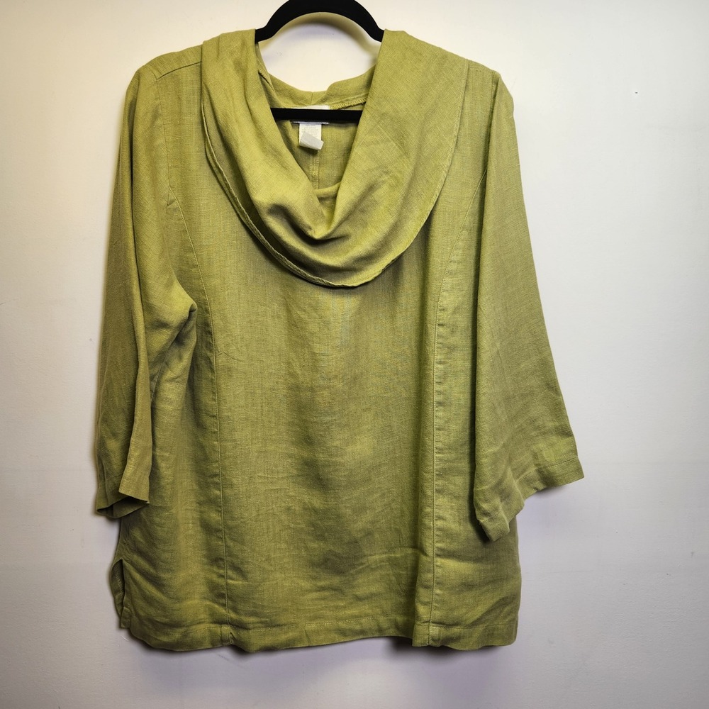 Vtg Mosaic 100% Linen Cowl Neck Top Lrg USA 3/4 Sleeves Boxy Lagenlook Preppy